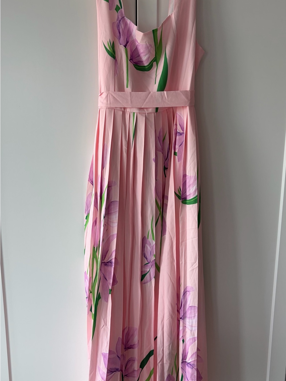 Pink Floral Squareneck, Pleated Dress